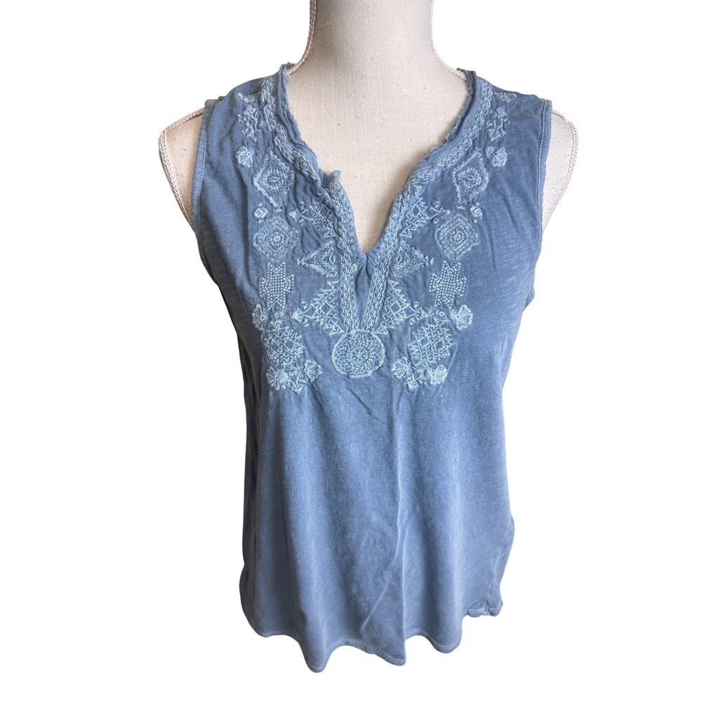 Lucky Brand Blue Embroidered Sleeveless V-Neck Cotton Boho Top Large